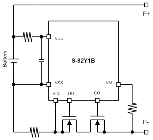 Example of a 1-cell protection circuit using the S-82Y1B series
