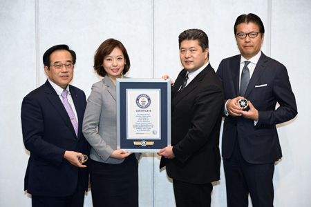 image : From left, Mr. Shimomura, President and CEO, Mitsubishi Precision / Ms. Ogawa, Vice President of Guinness World Records Japan / Mr. Ishikawa, General Manager of Corporate Communication Office, MinebeaMitsumi / Mr. Kainuma, President, CEO & COO, MinebeaMitsumi