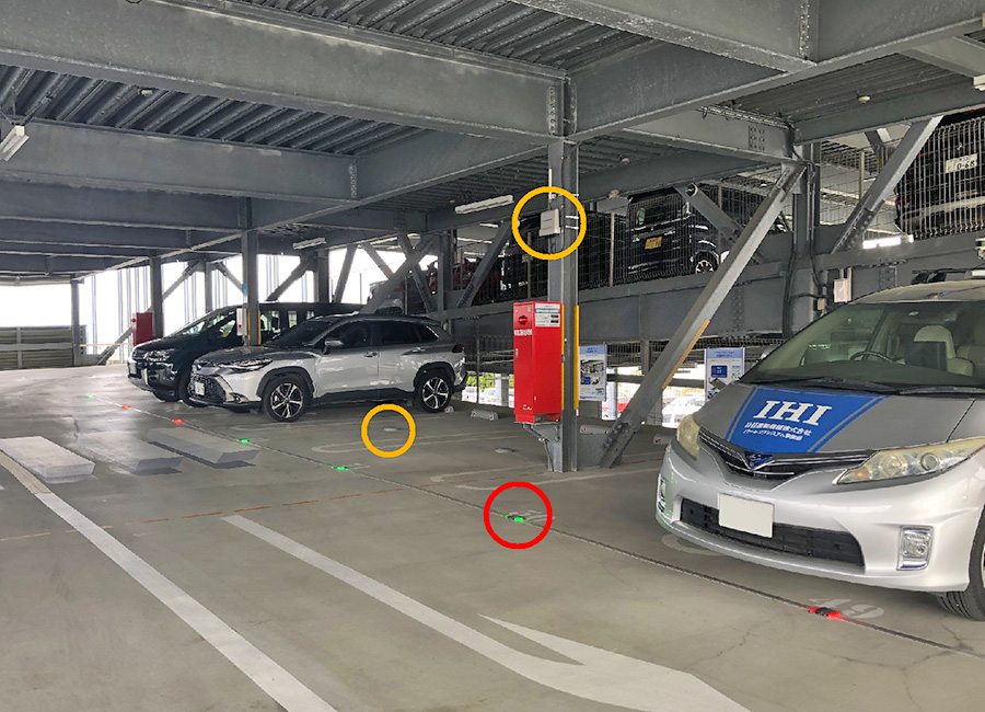 IUK沼津自走式駐車場に設置されたIUKの満空管理システムの床招き灯（赤丸印）と、ミネベアミツミのパーキングセンサー、ゲートウェイの様子（黄色丸印）