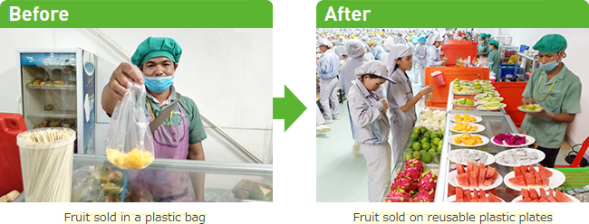 imgae : Fruit sold in a plastic bag -> Fruit sold on reusable plastic plates