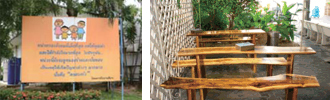 image : A sign, tables and chairs made from packaging waste products