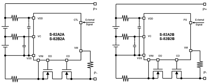 Example of protection circuits using the S-82A2A/B and S-82B2A/B Series
