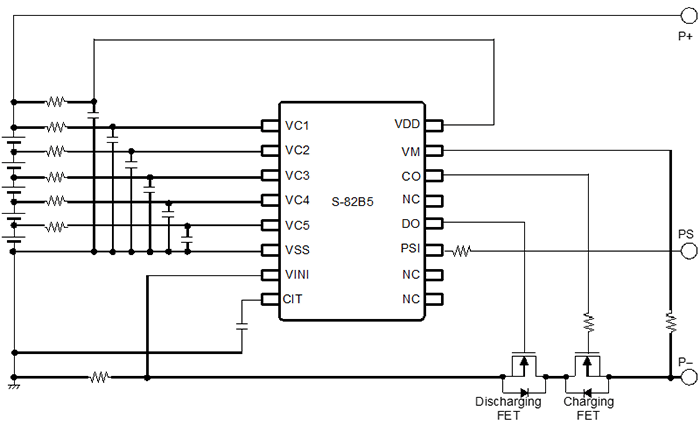 Example of protection circuits using the S-82B5 Series