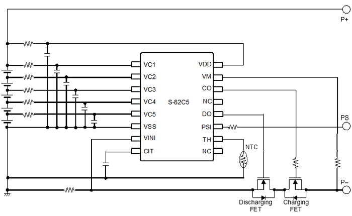 Example of protection circuits using the S-82C5 Series