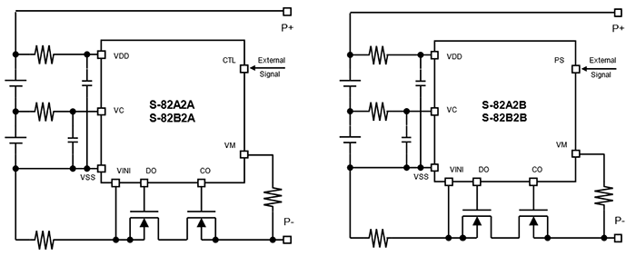 図：S-82A2A/B・S-82B2A/Bシリーズを用いた保護回路例