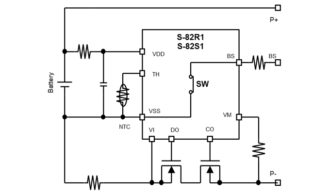 図：S-82R1/S-82S1シリーズを用いた保護回路例