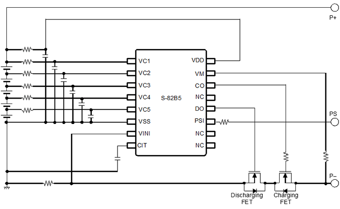 図：S-82B5シリーズを用いた保護回路例