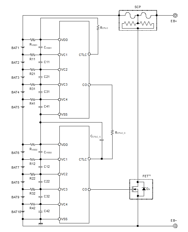 図：S-82K5B /M5Bシリーズを用いた10セル直列時の保護回路例