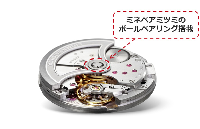 機械式ムーブメント「Caliber 0200」(赤丸部分にミネベアミツミのボールベアリングを使用)